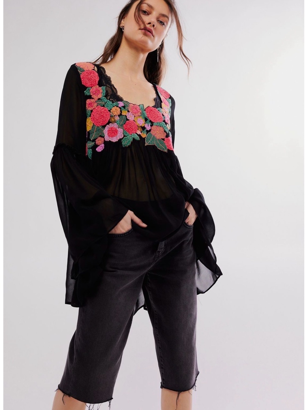 Free People Black Floral-Embroidered Women's Boho Top
